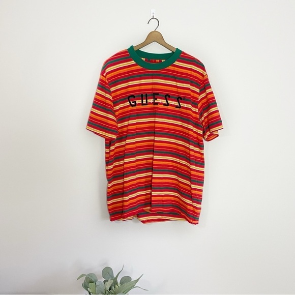 [Guess] Vintage Colorful Striped Short Sleeve Crewneck T-shirt - Picture 1 of 6